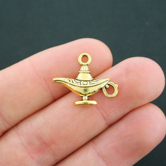 10 Genie Lamp Antique Gold Tone Charms 2 Sided - GC718