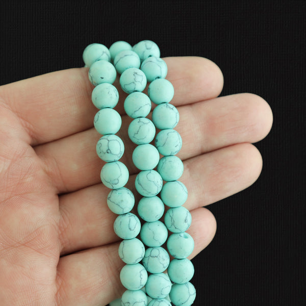 Round Glass Beads 8mm - Mint Green with Black Marble - 1 Strand 50 Beads - BD1973