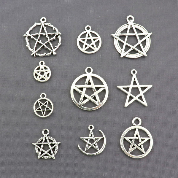 Pentagram Charm Collection Antique Silver Tone 10 Different Charms - COL410H
