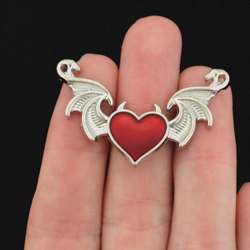 4 Devil Wing Heart Silver Tone Enamel Connector Charms - E077