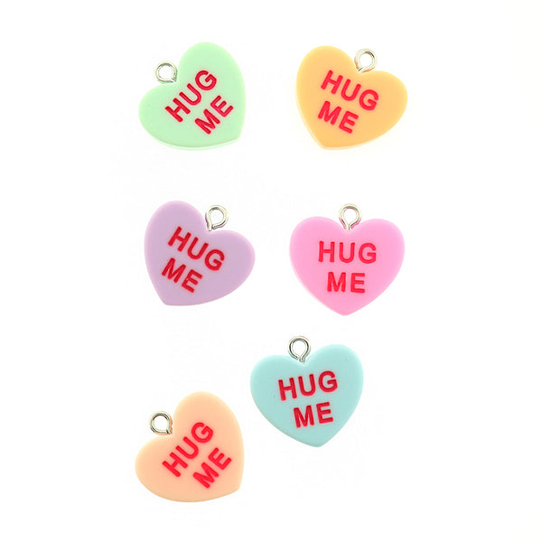 4 Assorted Color "Hug Me" Candy Heart Resin Charms - K356