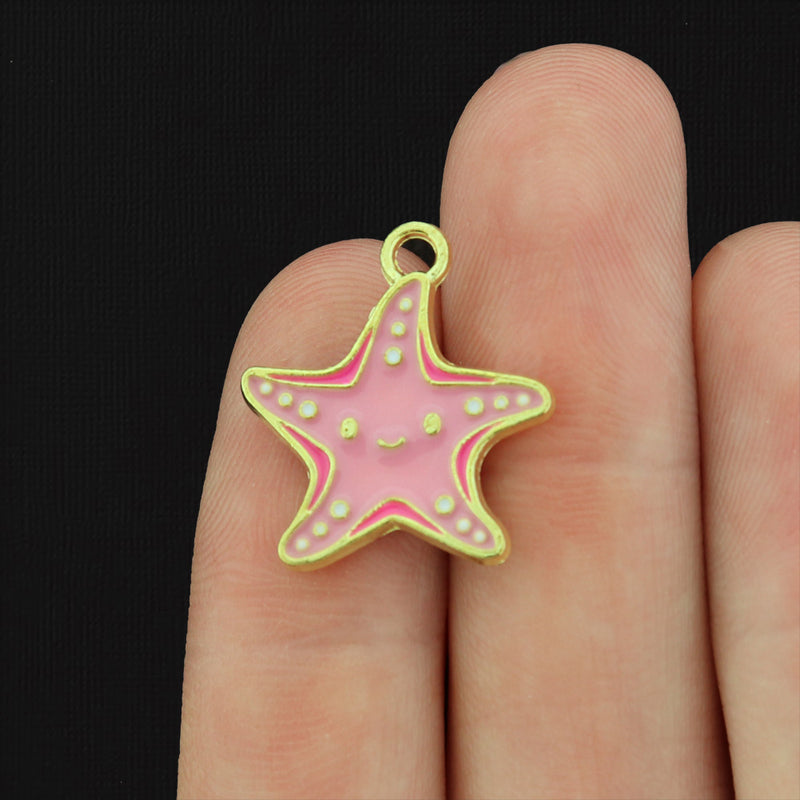 4 Pink Starfish Gold Tone Enamel Charms - E315