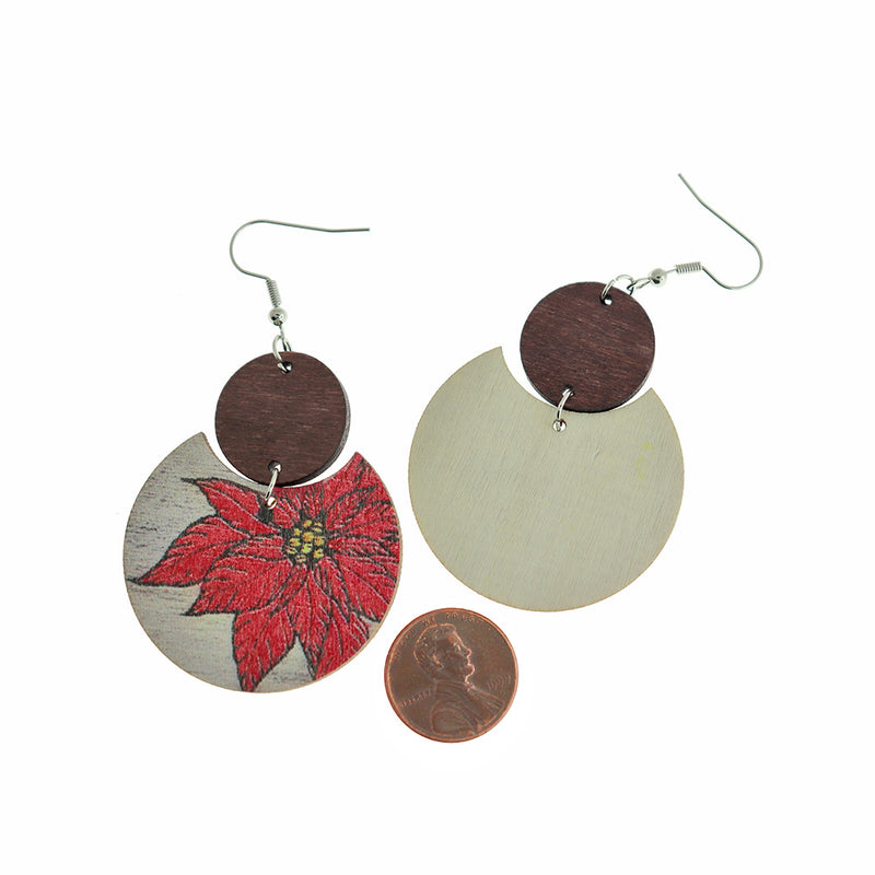 Silver Tone Wood Earrings - Poinsettia Flower French Hook Style - 60mm x 60mm - 2 Pieces 1 Pair - ER973
