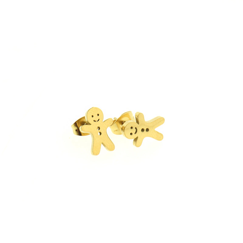 Gold Stainless Steel Earrings - Gingerbread Man Studs - 13mm x 11mm - 2 Pieces 1 Pair - ER511