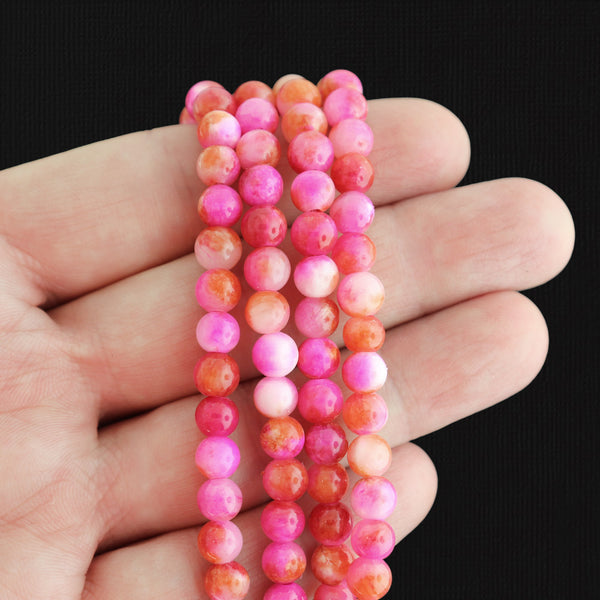 Perles rondes en jade naturel 6 mm - Rose chiné et blanc - 1 rang 62 perles - BD1700