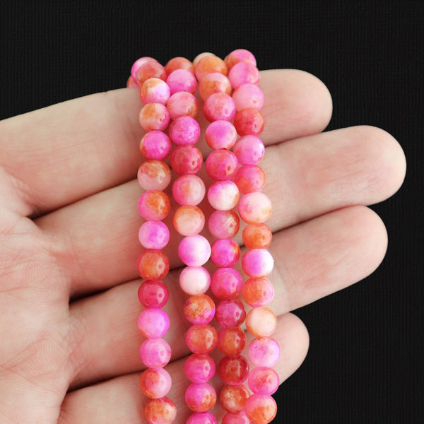 Round Natural Jade Beads 6mm - Mottled Pink and White - 1 Strand 62 Beads - BD1700