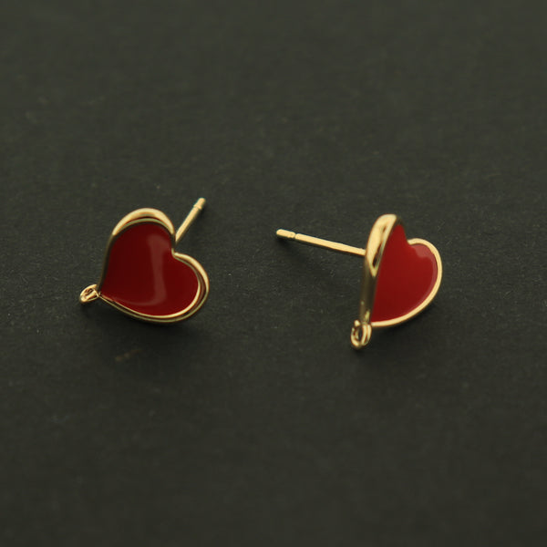 14k Gold Heart Earrings - Red Heart Stud With Loop - 14k Gold Filled - GLD367
