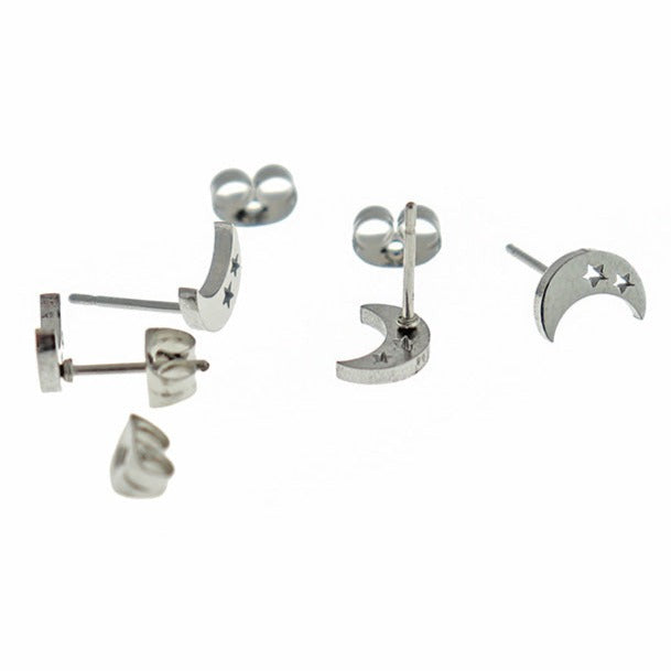 Stainless Steel Earrings - Crescent Moon Studs - 8mm x 6mm - 1 Pair - Choose Your Tone!