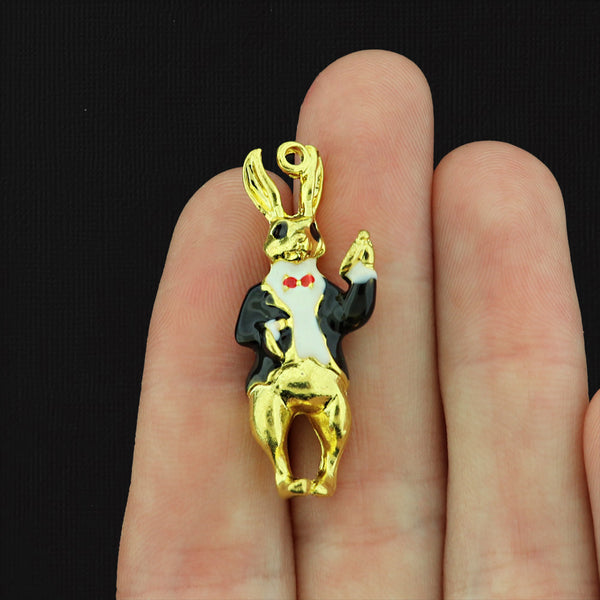 Rabbit with Pocket Watch Gold Tone Enamel Charms 3D - E348