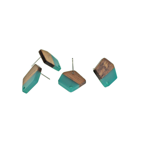 Wood Stainless Steel Earrings - Teal Resin Polygon Studs - 20.5mm x 18.5mm - 2 Pieces 1 Pair - ER721
