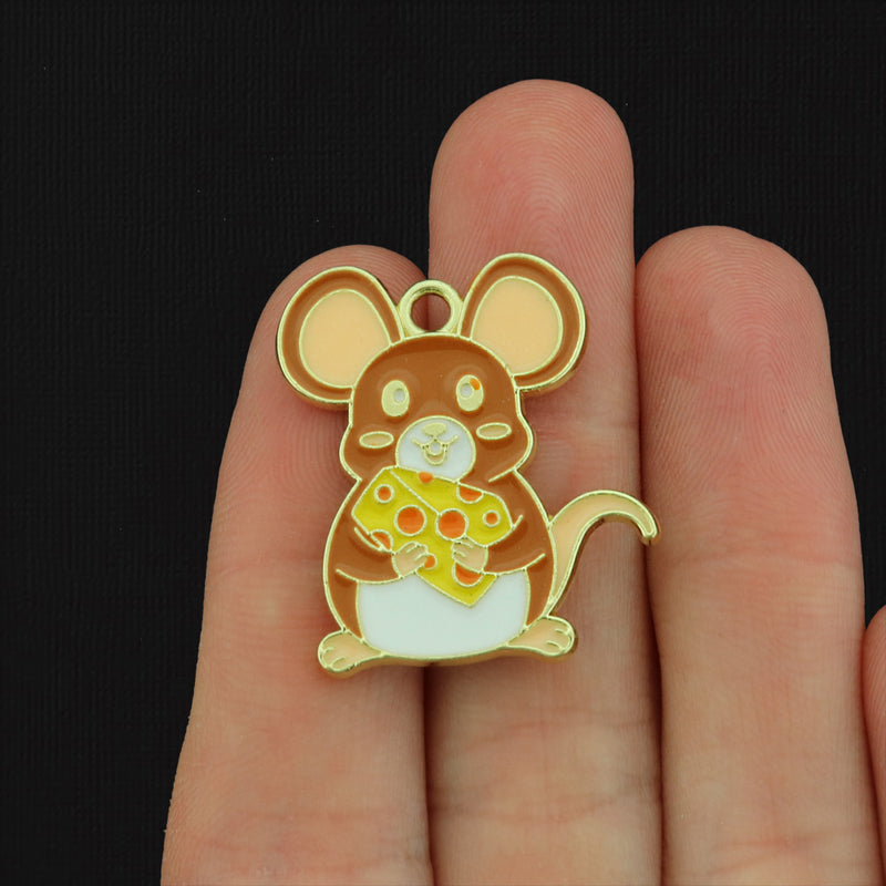 Mouse with Cheese Gold Tone Enamel Charm - E429