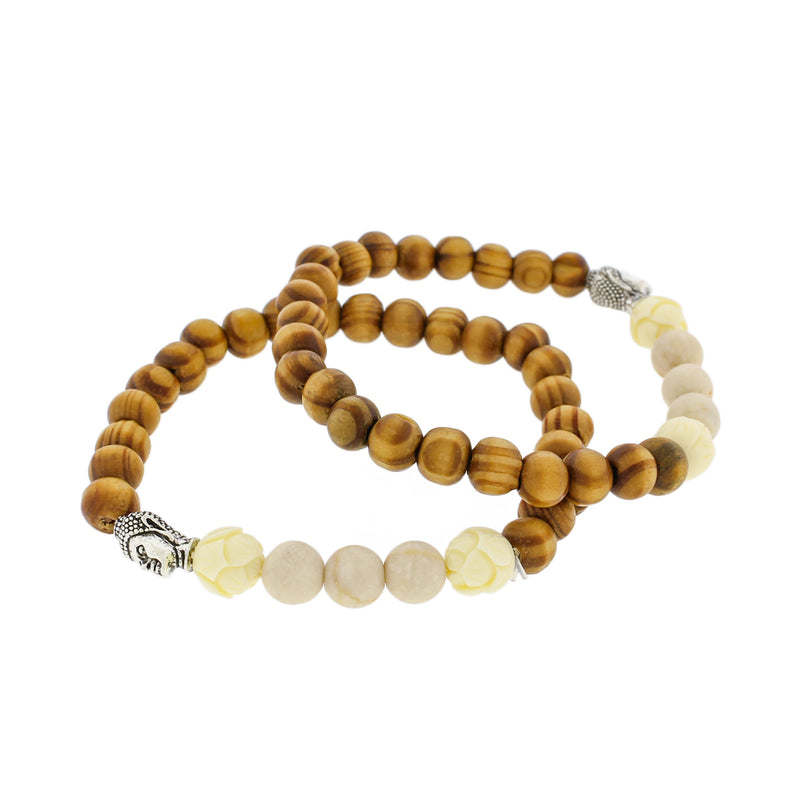 Natural Agate and Wood Beaded Bracelet - 59mm - Brown with Lotus Flower and Buddha Spacer - 5 Bracelets - BB176