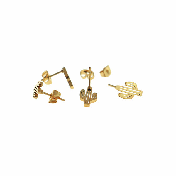 Gold Tone Stainless Steel Earrings - Cactus Studs - 11mm x 6mm - 2 Pieces 1 Pair - ER913