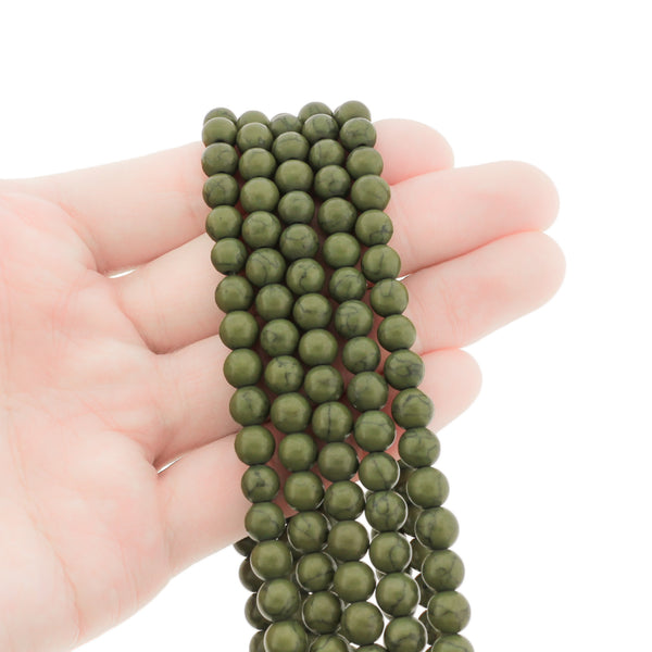 Round Imitation Gemstone Beads 6mm - Olive Green Marble - 1 Strand 68 Beads - BD2768