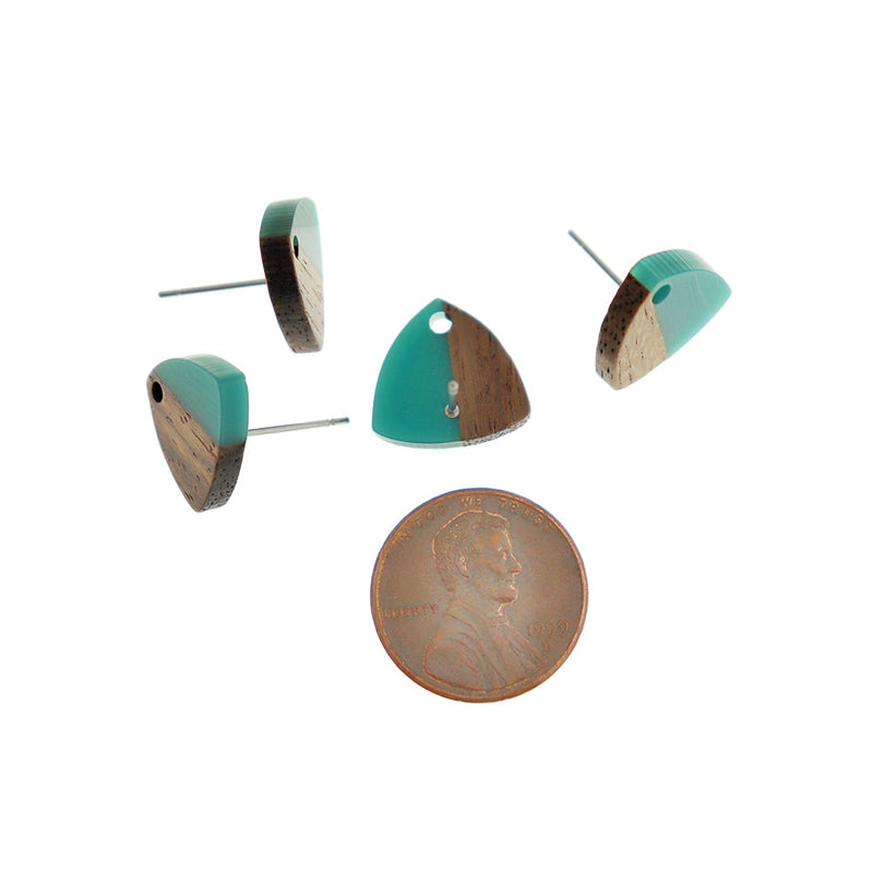 Wood Stainless Steel Earrings - Teal Resin Triangle Studs - 14mm x 13mm - 2 Pieces 1 Pair - ER675