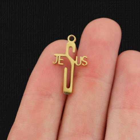 2 Jesus Cross 18K Gold Plated Stainless Steel Charms - SSP249