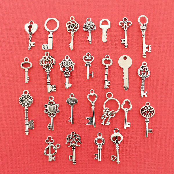 Key Charm Collection Antique Silver Tone 25 Different Charms - COL414H