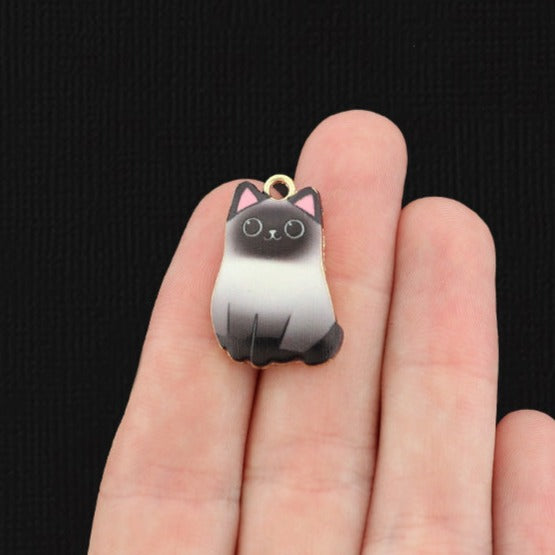 4 Black Cat Gold Tone Enamel Charms - E076