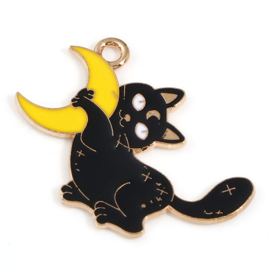 4 Black Cat Hanging on Moon Gold Tone Enamel Charms - Celestial - E108