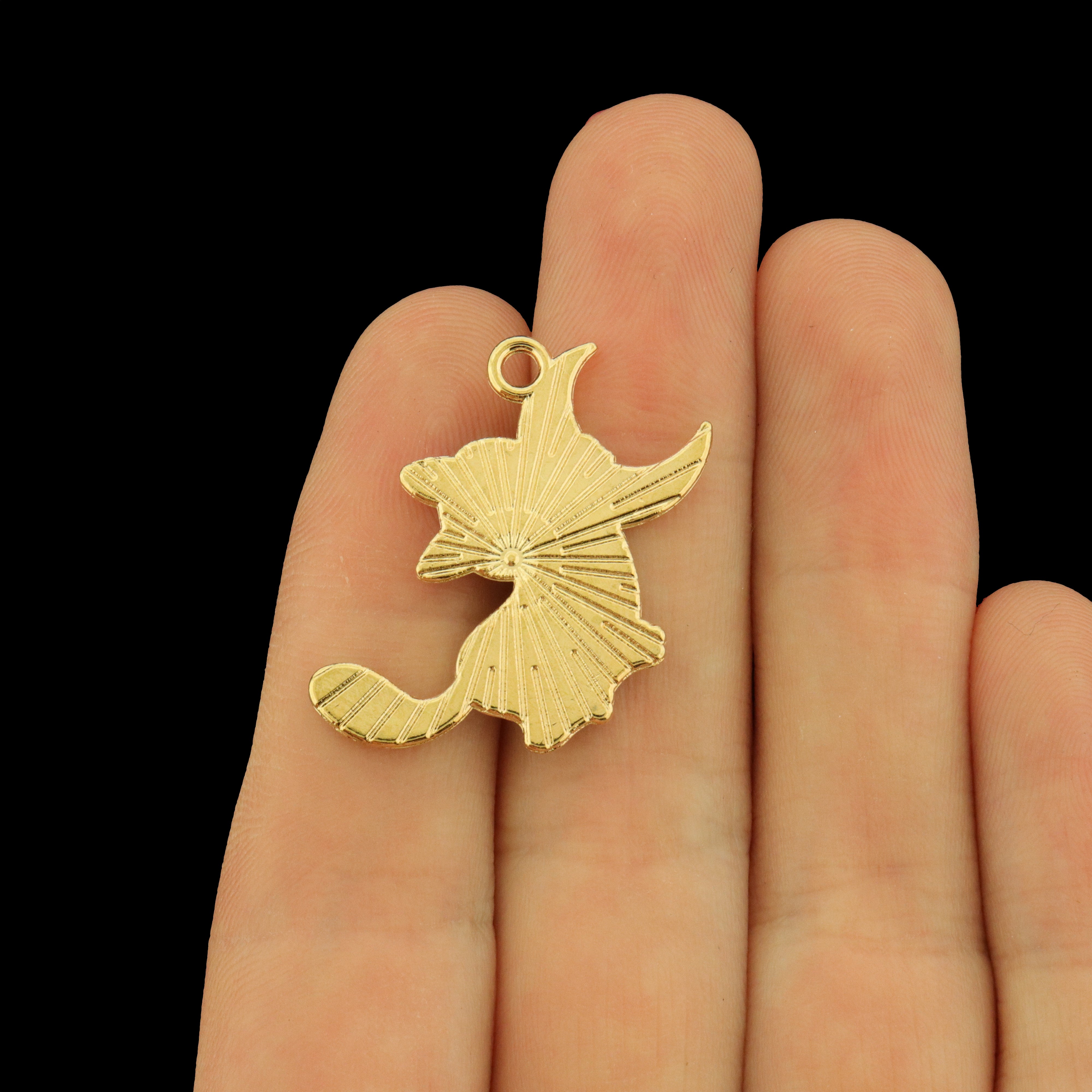 4 Black Cat Hanging on Moon Gold Tone Enamel Charms - Celestial - E108