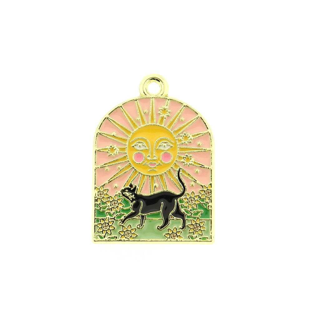 4 Black Cat Sun Gold Tone Enamel Charms - E392