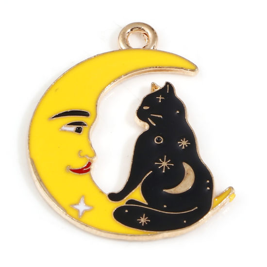4 Black Cat and Moon Gold Tone Enamel Charms - Celestial - E002