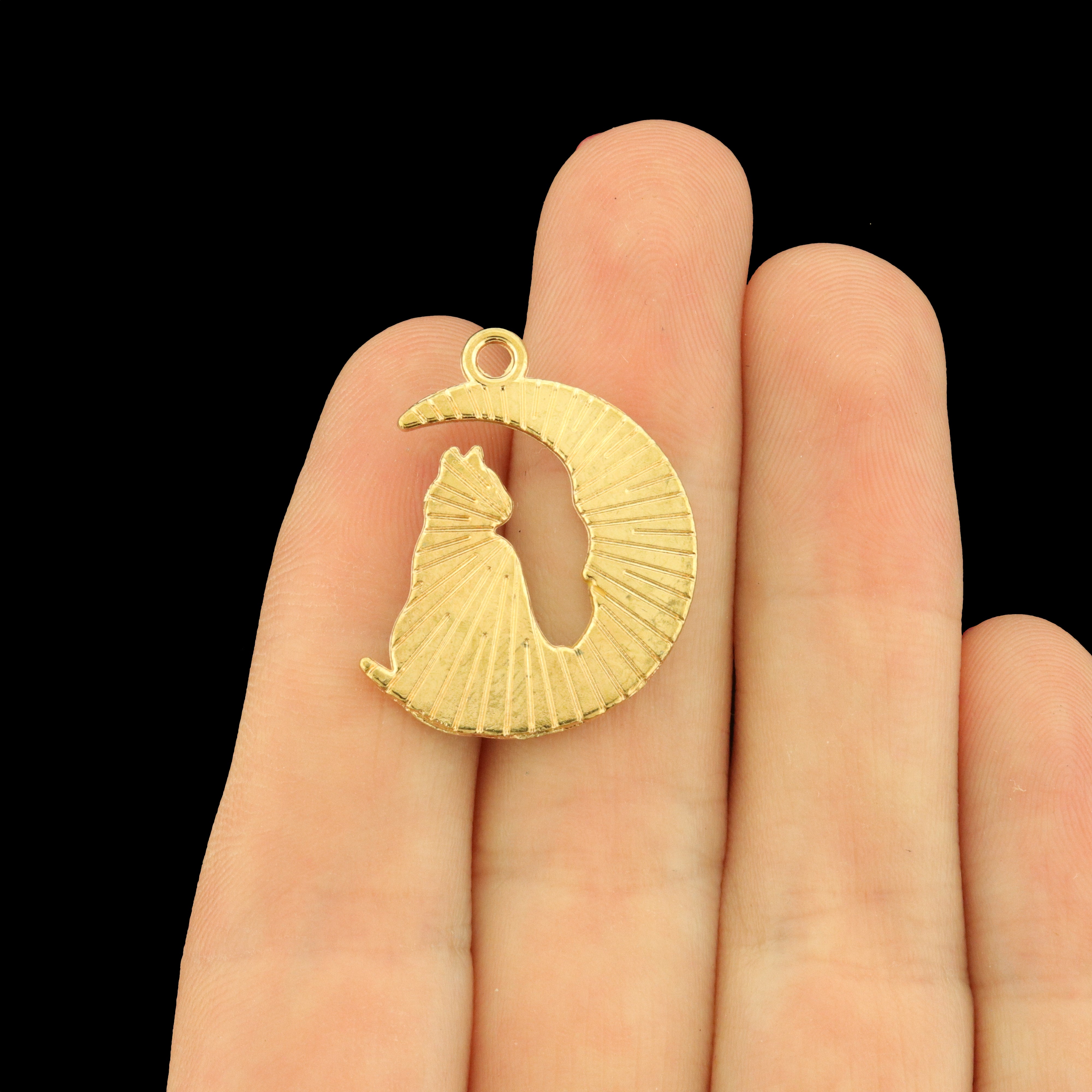 4 Black Cat and Moon Gold Tone Enamel Charms - Celestial - E002