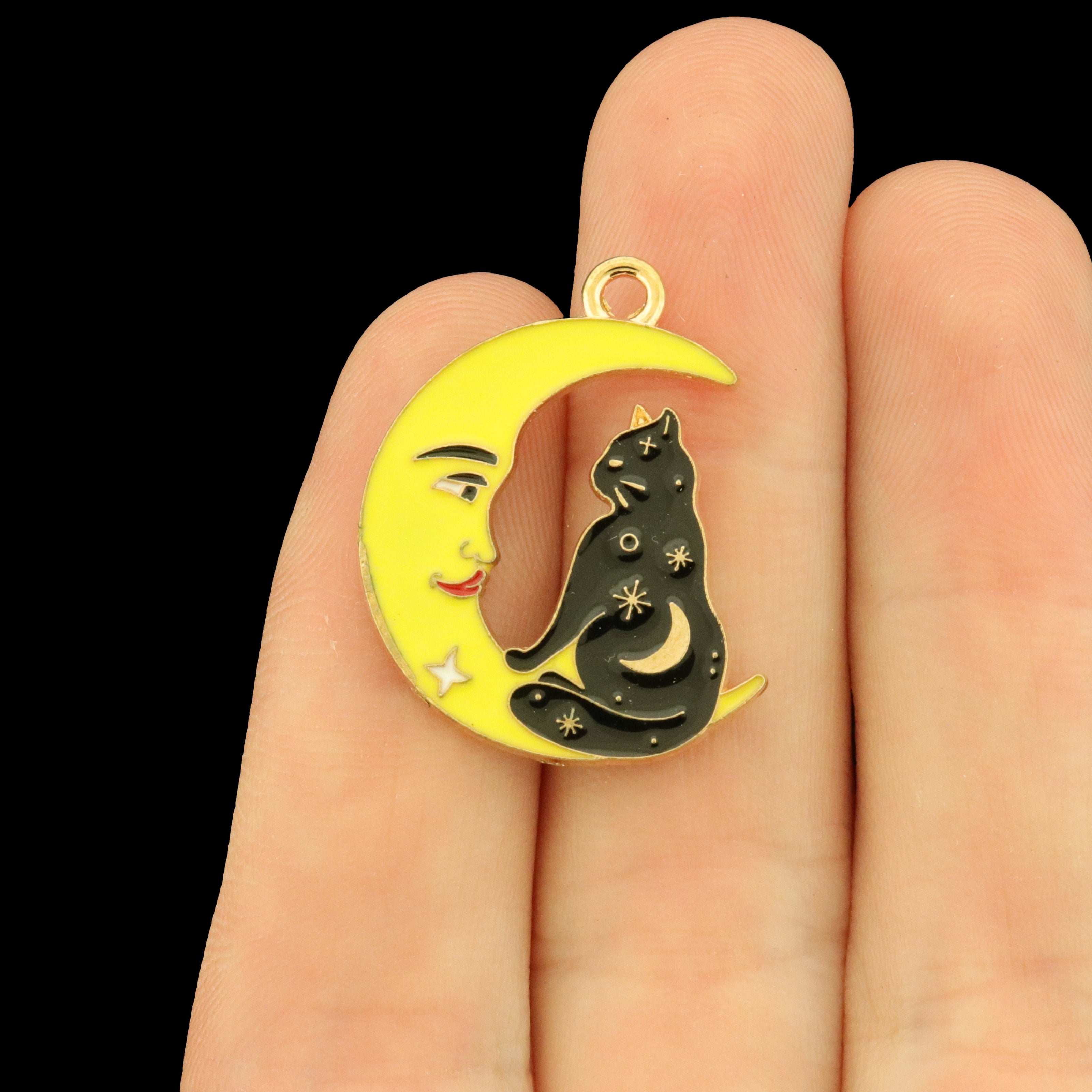 4 Black Cat and Moon Gold Tone Enamel Charms - Celestial - E002