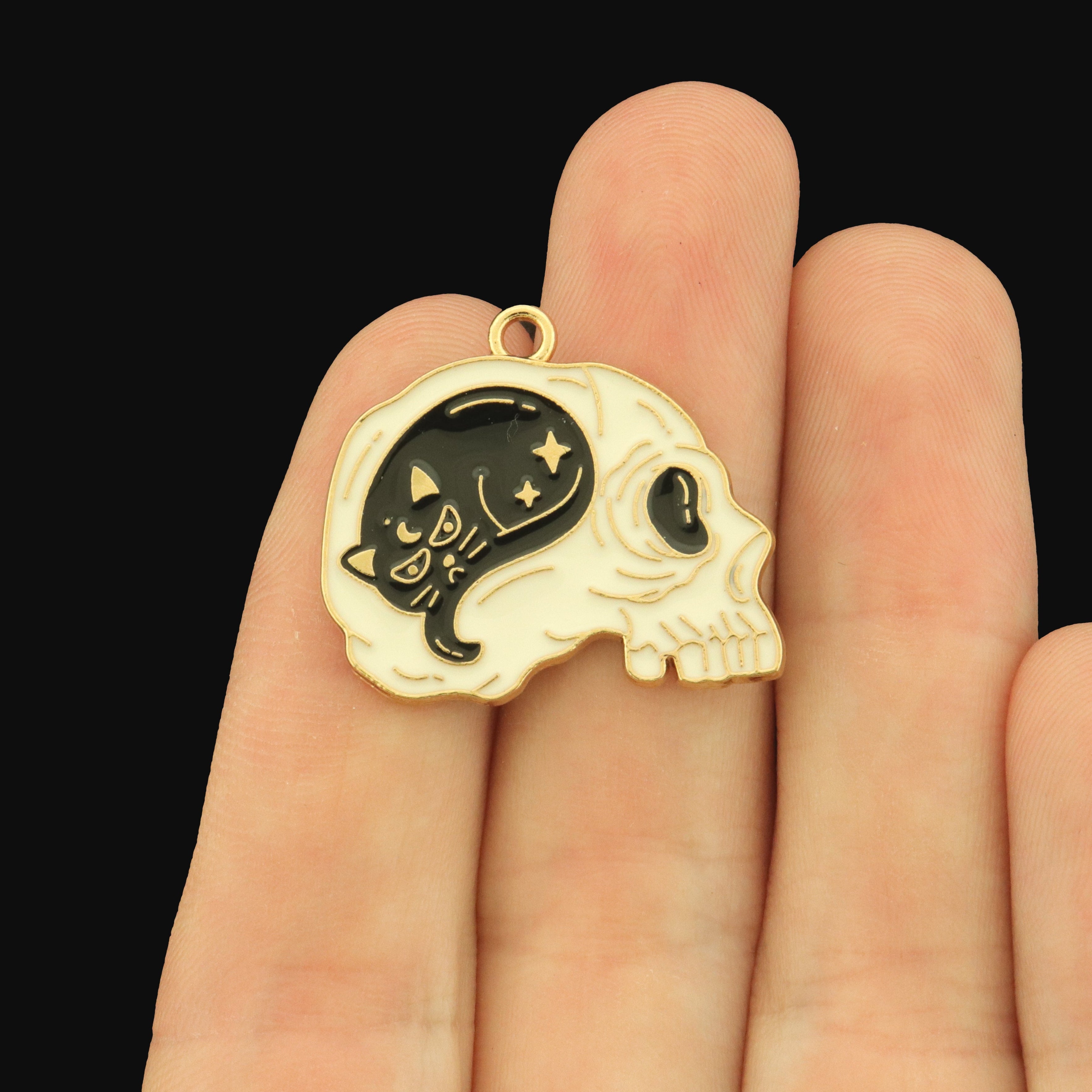 4 Black Cat and Skull Enamel Charms - E207
