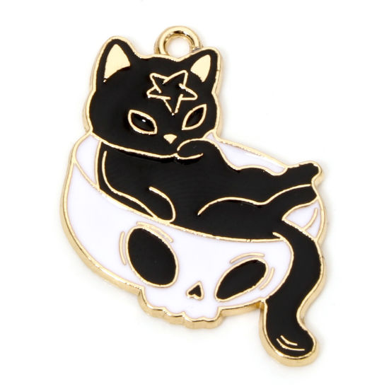 4 Black Cat in Skull Gold Tone Enamel Charms - E163