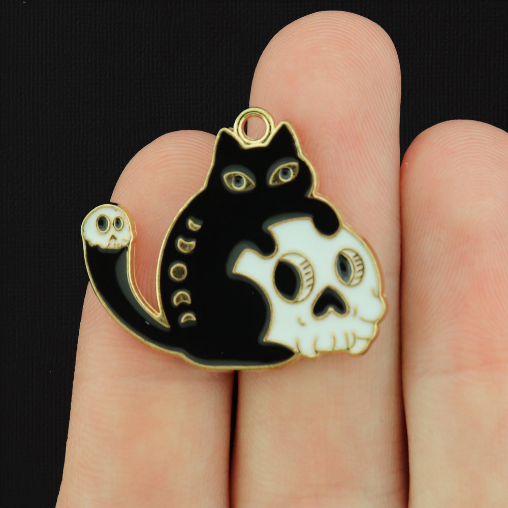 4 Black Cat with Skull Gold Tone Enamel Charms - E162