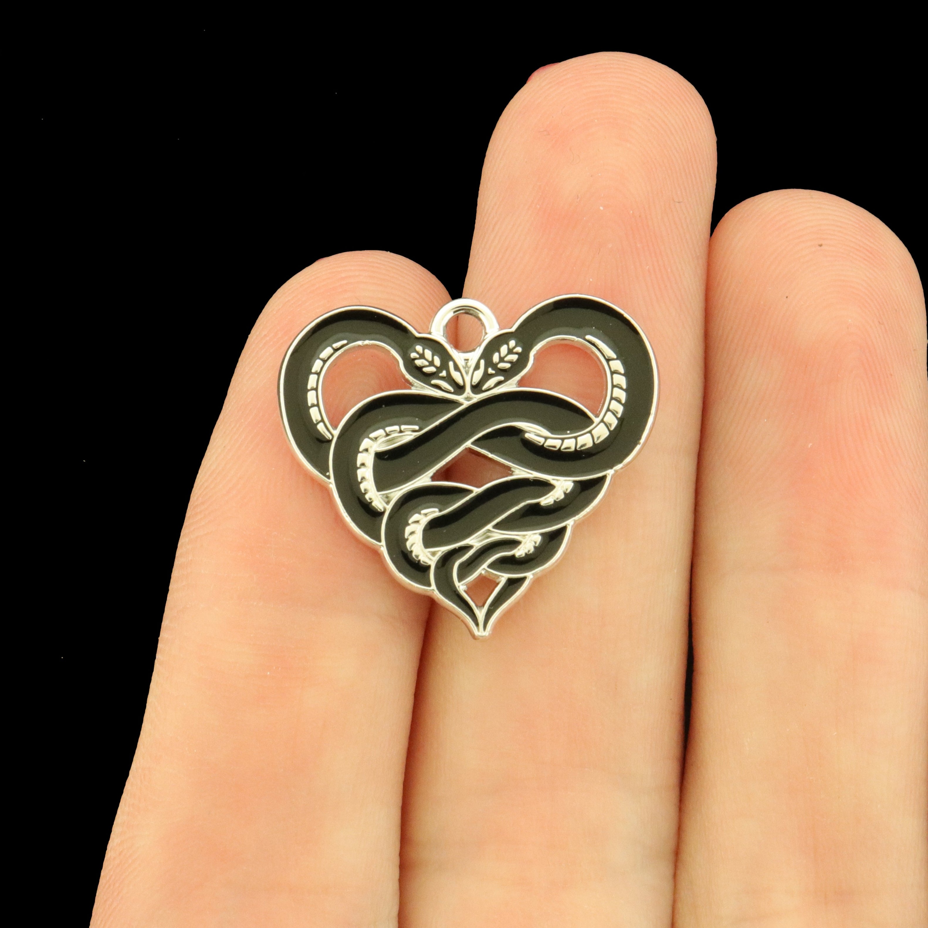 4 Black Snake Heart Enamel Charms - E580