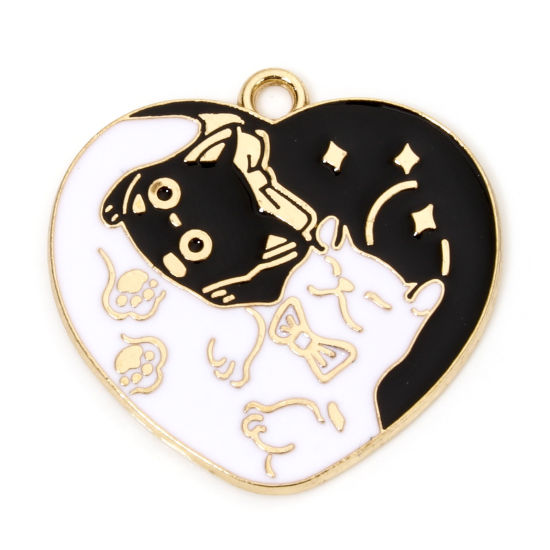 4 Black and White Cat Heart Enamel Charms - E143