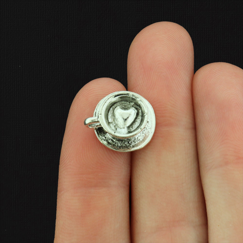 4 Coffee Mug with Heart Inside Antique Silver Tone Charms - SC880