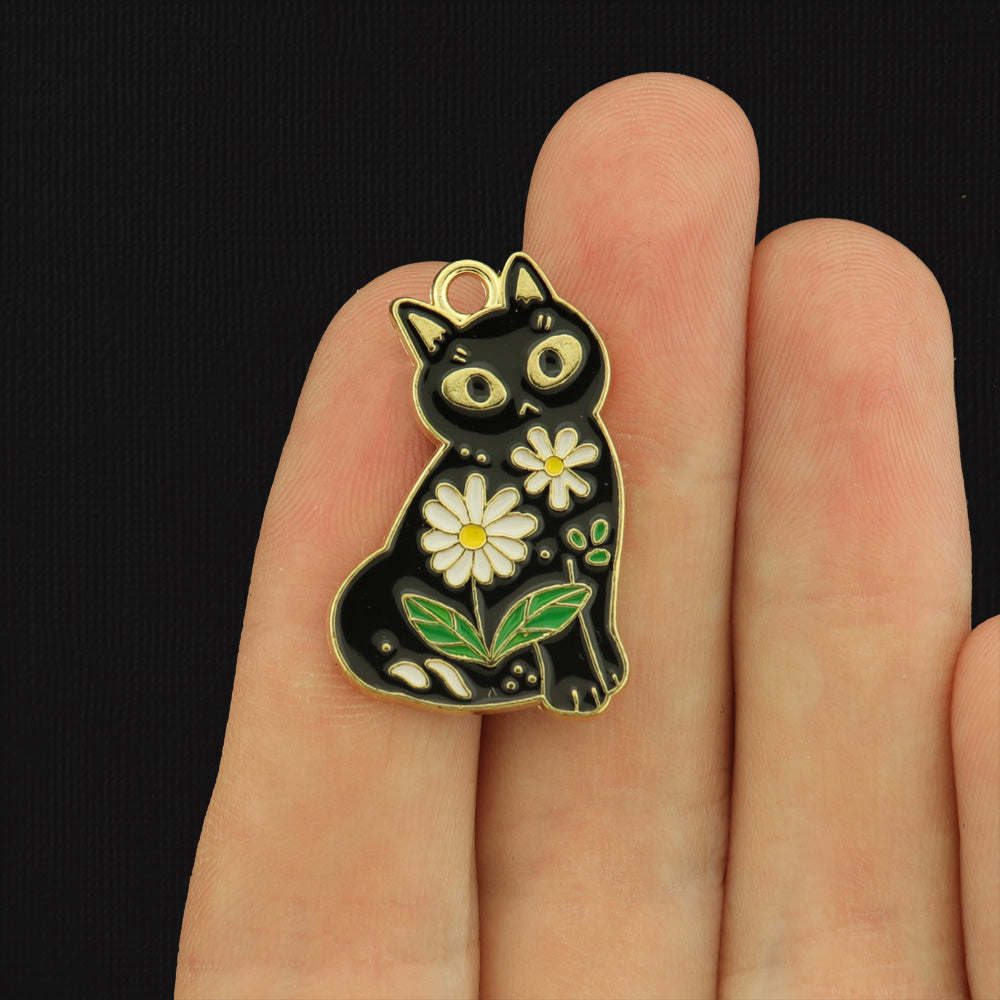 4 Floral Black Cat Gold Tone Enamel Charms - E542
