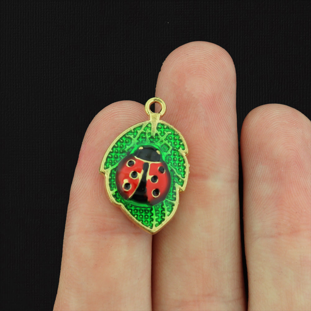 4 Ladybug on Leaf Gold Tone Enamel Charms - E170