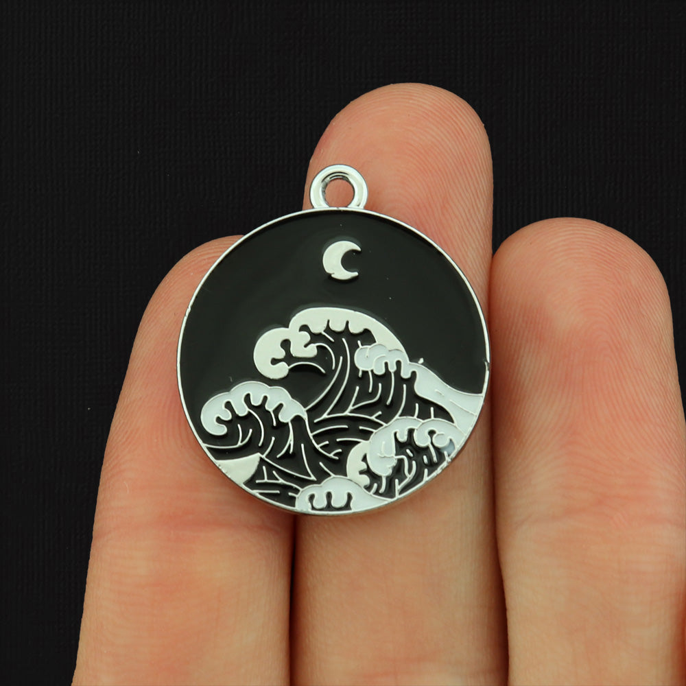 4 Ocean Wave Silver Tone Enamel Charms - E355