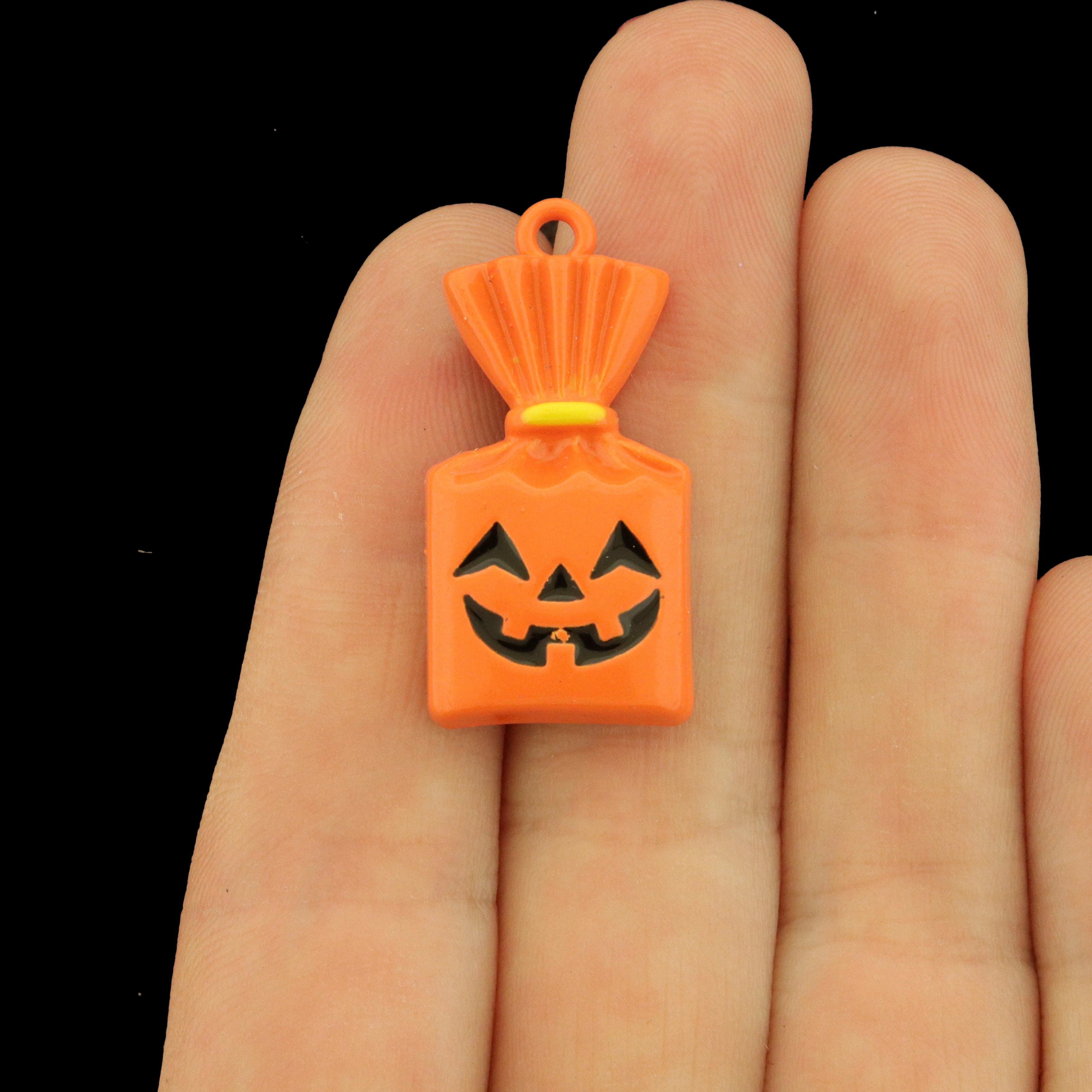 4 Pumpkin Trick or Treat Bag Enamel Charms - E585