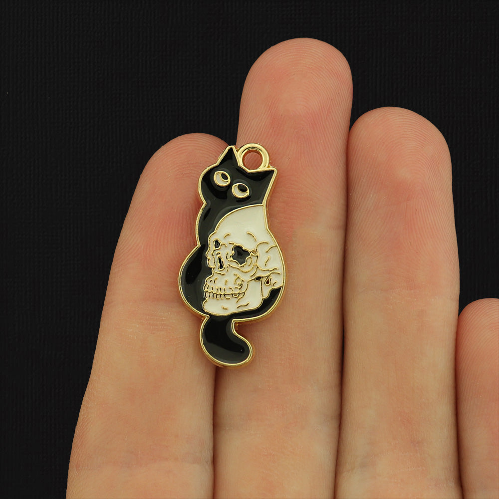 4 Skull Black Cat Gold Tone Enamel Charms - E547