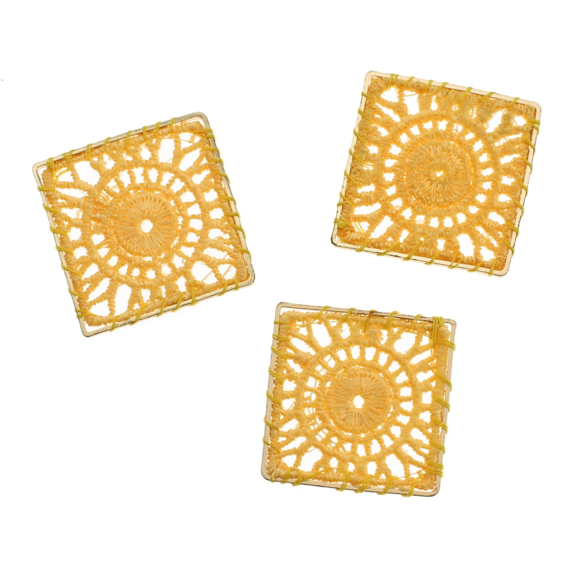 4 Woven Lace Square Gold Tone Pendants - Choose Your Color!