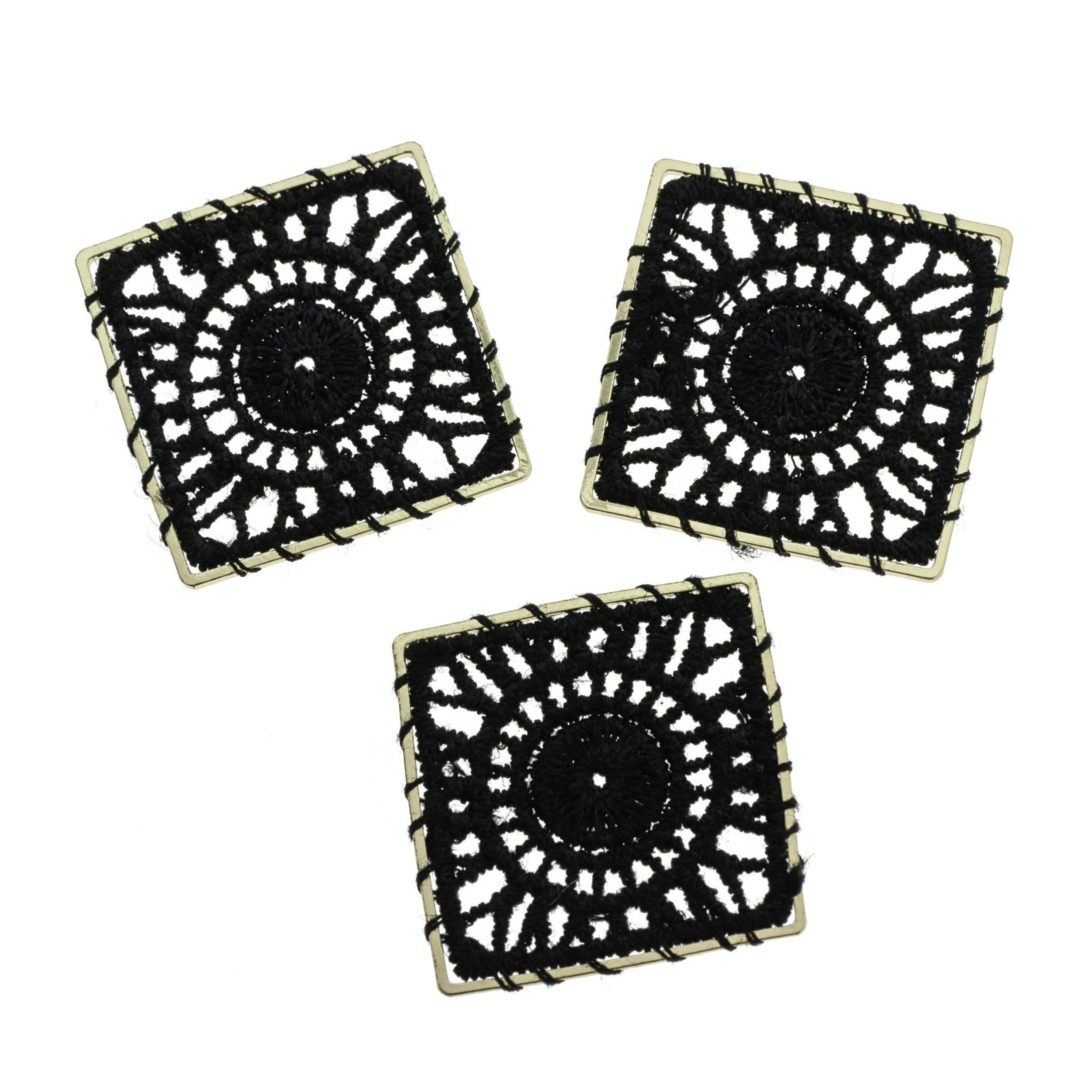 4 Woven Lace Square Gold Tone Pendants - Choose Your Color!