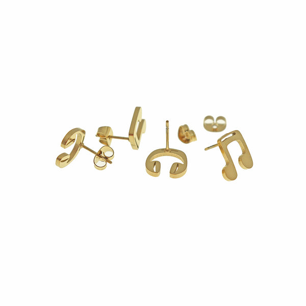 Gold Tone Stainless Steel Earrings - Headphones and Music Note Studs - 11mm - 2 Pieces 1 Pair - ER993