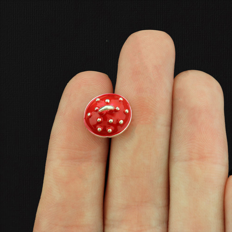 2 Red Mushroom Silver Tone Enamel Charms 3D - E1585