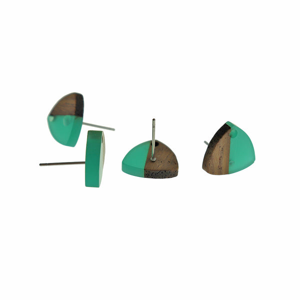 Wood Stainless Steel Earrings - Seafoam Green Resin Triangle Studs - 14mm x 13mm - 2 Pieces 1 Pair - ER670