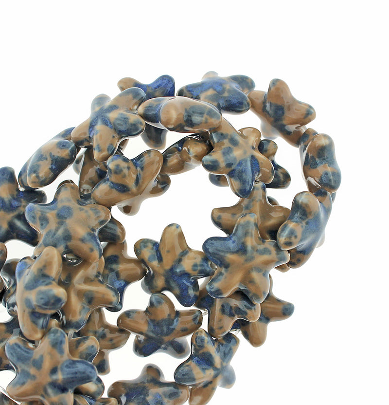 SALE Starfish Ceramic Beads 20mm x 22mm - Marbled Tan and Blue - 10 Beads - LBD1583