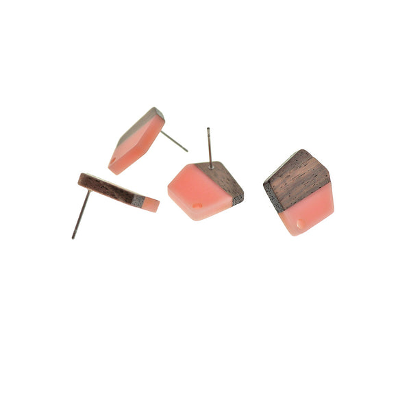 Wood Stainless Steel Earrings - Light Pink Resin Polygon Studs - 20.5mm x 18.5mm - 2 Pieces 1 Pair - ER712