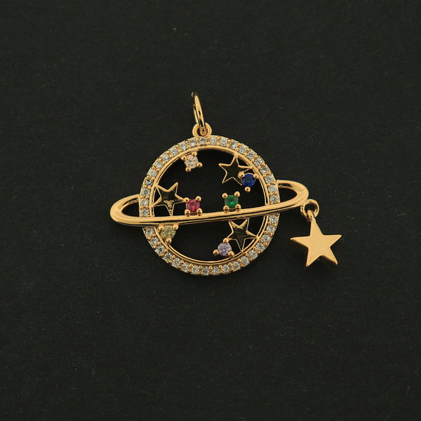 18k Planet and Star Charm - Celestial Pendant - 18k Gold Plated - GLD476