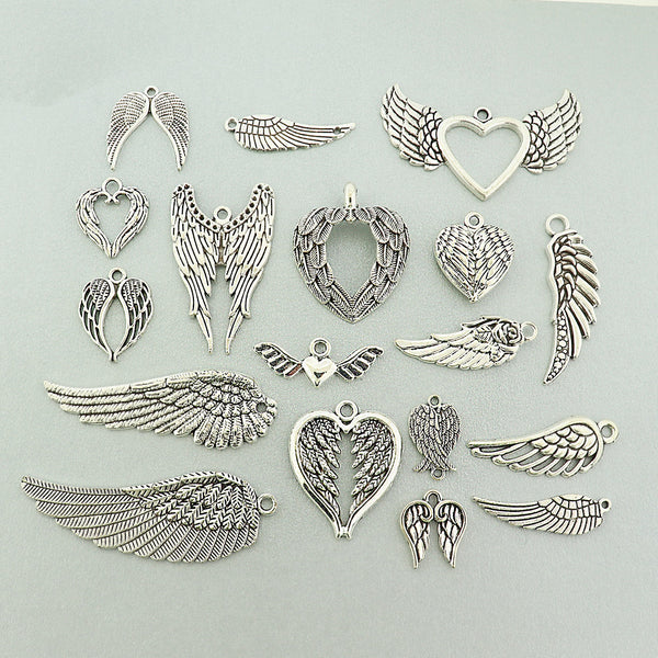 Angel Wing Charm Collection Antique Silver Tone 18 Different Charms - COL351H