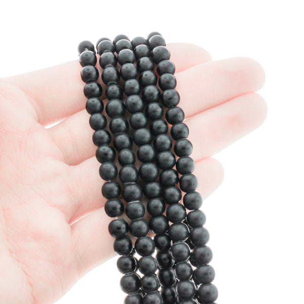 Round Glass Beads 6mm - Frosted Black - 1 Strand 55 Beads - BD477