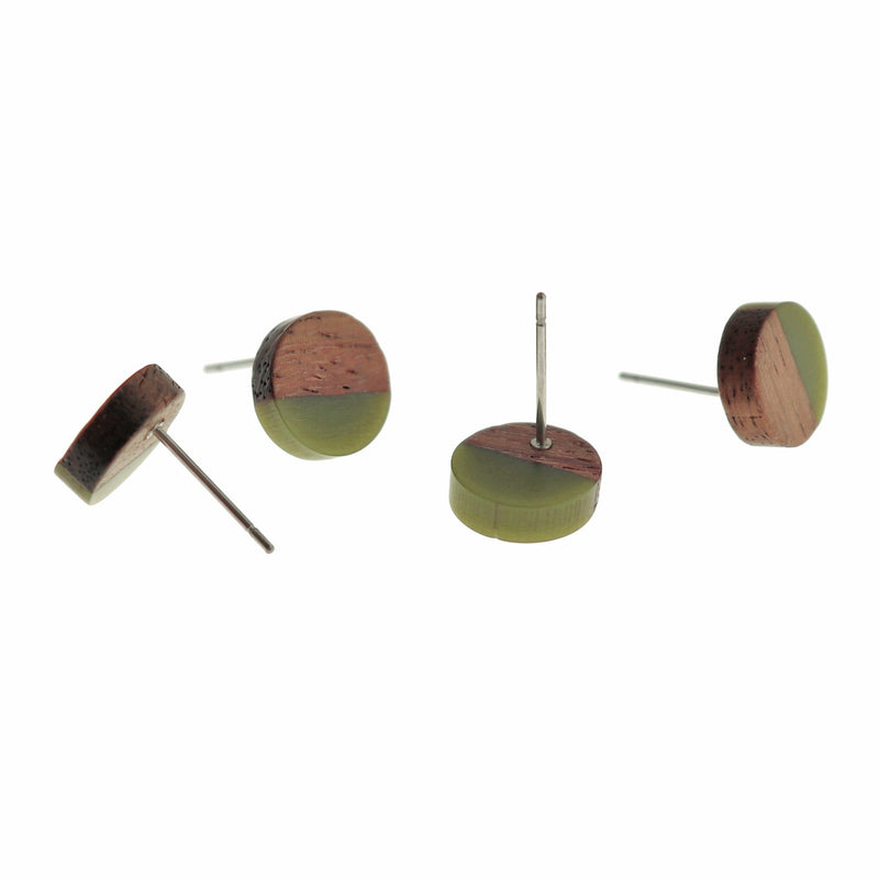 Boucles d'Oreilles Bois Acier Inoxydable - Clous Ronds Résine Rose - 15mm - 2 Pièces 1 Paire - ER109